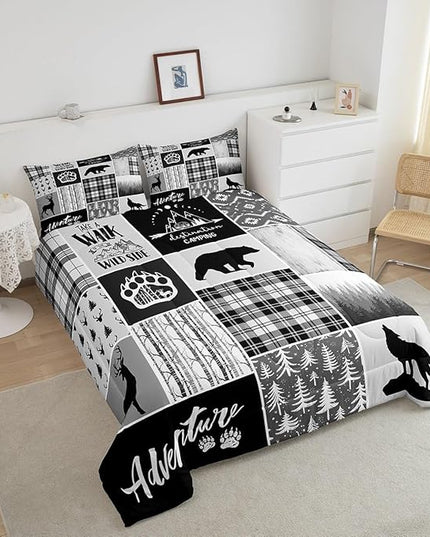 Deer Bear Comforter Set Queen Size,Pine Trees Christmas Bedding Set for Kids Boys Girls Adults Room Decor,Camping Adventure Rustic Farmhouse Down Comforter,Black Retro Duvet Insert,2 Pillowcases - LeafyLoom