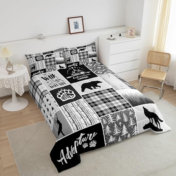 Deer Bear Comforter Set Queen Size,Pine Trees Christmas Bedding Set for Kids Boys Girls Adults Room Decor,Camping Adventure Rustic Farmhouse Down Comforter,Black Retro Duvet Insert,2 Pillowcases - LeafyLoom