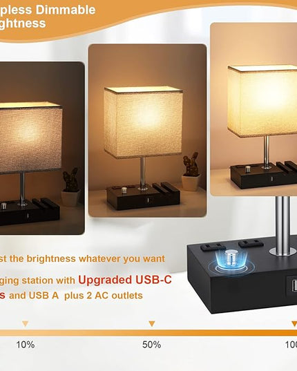 Kakanuo Fully Dimmable Nightstand Lamp for Bedroom with USB C Ports, Grey Small Bedside Table Lamp with Charging Outlets and Phone Stands, Wooden Desk Lamp for Living Room, LED Bulb Included - LeafyLoom