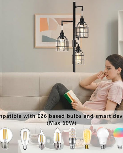9MMML Floor Lamp for Living Room, Farmhouse Industrial Dimmable Floor lamp,3 Lights Metal Cage Tree Standing Lamp,68", 3Pcs Led Bulbs Included - LeafyLoom