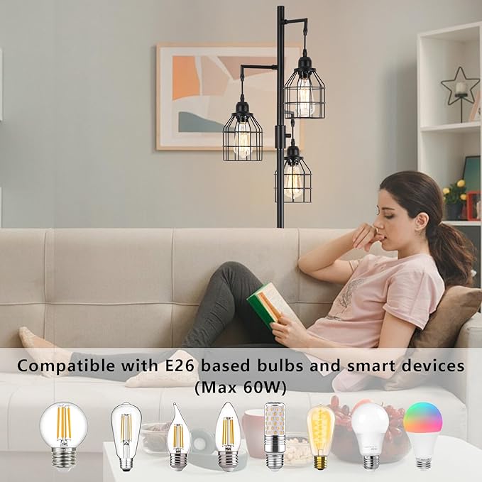 9MMML Floor Lamp for Living Room, Farmhouse Industrial Dimmable Floor lamp,3 Lights Metal Cage Tree Standing Lamp,68", 3Pcs Led Bulbs Included - LeafyLoom