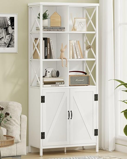 FATORRI Bookshelf with Doors, Modern Tall Bookshelf with Cabinet, Wood Book Shelf and Farmhouse Organizer Storage BookCase for Living Room (White Oak) - LeafyLoom