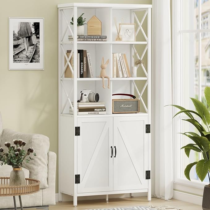 FATORRI Bookshelf with Doors, Modern Tall Bookshelf with Cabinet, Wood Book Shelf and Farmhouse Organizer Storage BookCase for Living Room (White Oak) - LeafyLoom