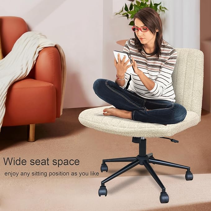Criss Cross Chair with Wheels, Armless Cross Legged Office Desk Chair,Comfortable Swivel High Adjustable Wide Seat Chair for Home Office (Beige) - LeafyLoom