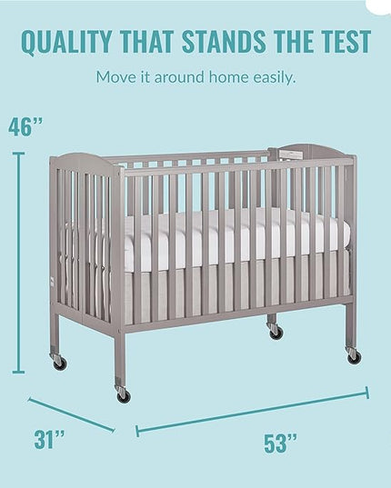 Folding Full Size Convenience Crib In Storm Grey, Two Adjustable Mattress Height Positions, Comes With Heavy Duty Locking Wheels, Flat Folding - LeafyLoom