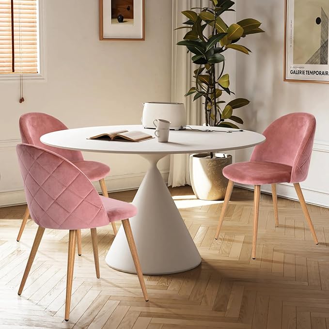 FurnitureR Upholstered Velvet Dining Chair Mid Back Armless with Wood Legs for Home Kitchen Bedroom Living Room, Set of 1, Pink - LeafyLoom
