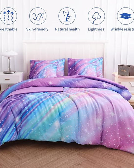 Twin Comforter Set for Girls Galaxy Bedding 7pieces, Ombre Bedding Comforter Sets Rainbow Comforter, Glitter Bedding Twin Teen Comforter Sets for Girls (Twill Rainbow) - LeafyLoom