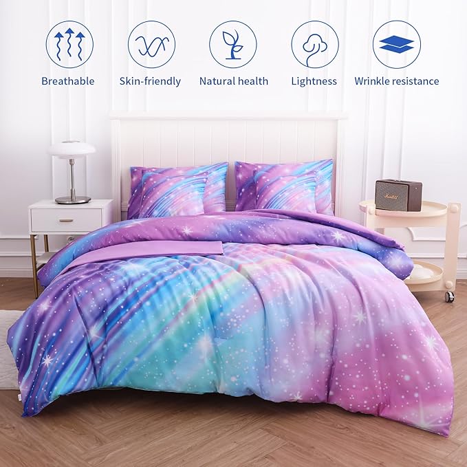 Twin Comforter Set for Girls Galaxy Bedding 7pieces, Ombre Bedding Comforter Sets Rainbow Comforter, Glitter Bedding Twin Teen Comforter Sets for Girls (Twill Rainbow) - LeafyLoom