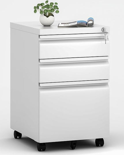 3 Drawers Mobile File Cabinet, Rolling File Cabinet Fully Assembled Under Desk, Metal Filing Cabinet with Lock for Home Office Organizer Letters/Legal/A4 (White) - LeafyLoom