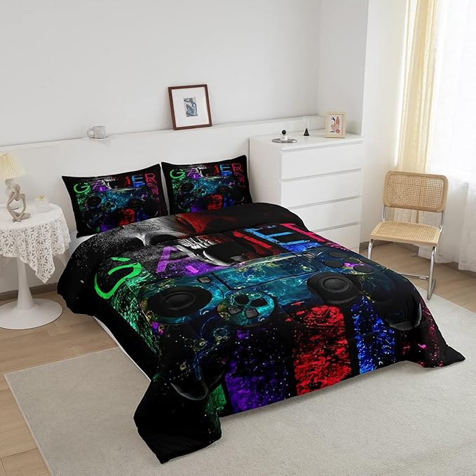 Gamer Bedding Sets for Boys, Gaming Down Comforter Full Size, Gamer Room Decor Bedding Kids Video Games Comforter Set, Sugar Skull Gamepad Bed Duvet Sets for Men Bedroom,with 2 Marble Pillow Sham - LeafyLoom