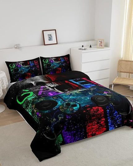 Gamer Bedding Sets for Boys, Gaming Down Comforter Queen Size, Gamer Room Decor Bedding Kids Video Games Comforter Set, Sugar Skull Gamepad Duvet Sets for Men Bedroom,with 2 Marble Pillow Sham - LeafyLoom