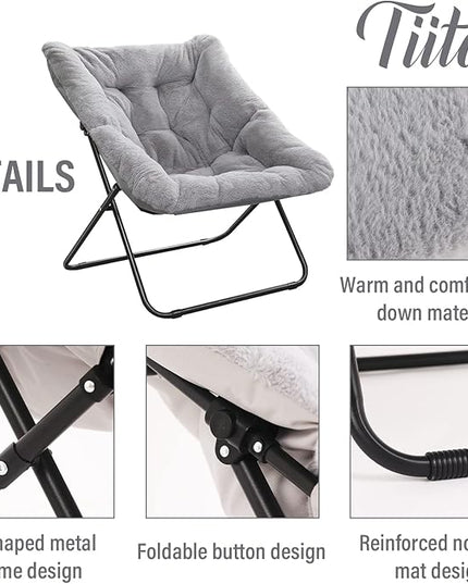 Tiita Saucer Chair with Ottoman, Soft Faux Fur Oversized Folding Accent Chair,Lounge Lazy Chair, Metal Frame Moon Chair for Bedroom, Living Room, Dorm Rooms, Garden and Courtyard - LeafyLoom