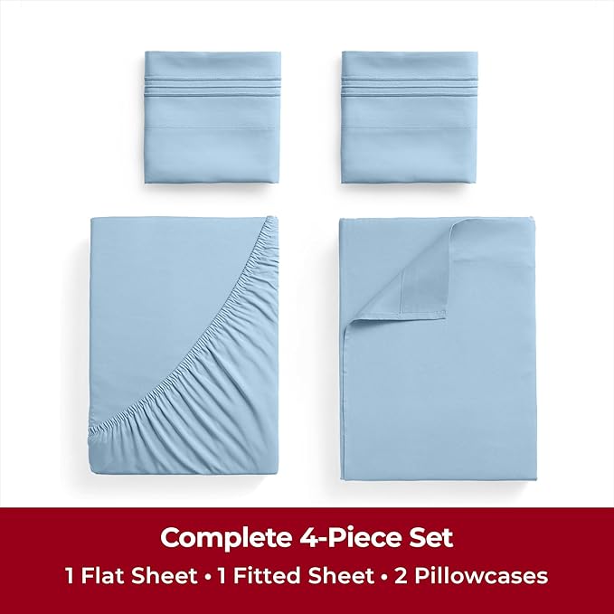 Mellanni Twin XL Sheets Set - 4 Piece Iconic Collection Bedding Sheets & Pillowcases - Soft, Cooling Bed Sheets - Deep Pocket up to 16 inch - 4 PC (Twin Extra Long, Light Blue w/Extra Pillow Case) - LeafyLoom