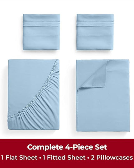 Mellanni Twin Sheets Set - 4 Piece Iconic Collection Bedding Sheets & Pillowcases - Luxury, Ultra Soft, Cooling Bed Sheets - Deep Pocket up to 16 inch - 4 PC (Twin, Light Blue w/Extra Pillow Case) - LeafyLoom