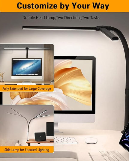 Led Desk Lamp for Office Home - 24W Double Head Architect Desk Light with Clamp & Timer, Eye Caring Folding Table Lamp Gaming Desktop Computer LED Lights Desk Supplies for Workbench Studing Drafting - LeafyLoom