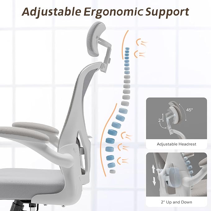 Ergonomic Office Chair Home Desk Office Chair with Flip-Armrest & Cushion for Lumbar Support, high Back Computer Chair with Thickened Cushion Desk Chairs Ngray - LeafyLoom