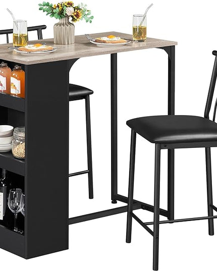 Yaheetech 3-Piece Dining Table Set, Counter Height Bar Table Set for 2, Compact Kitchen Table Set with 3-layer Side Storage Shelf for Kitchen Small Space, Black/Gray - LeafyLoom