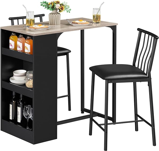 Yaheetech 3-Piece Dining Table Set, Counter Height Bar Table Set for 2, Compact Kitchen Table Set with 3-layer Side Storage Shelf for Kitchen Small Space, Black/Gray - LeafyLoom