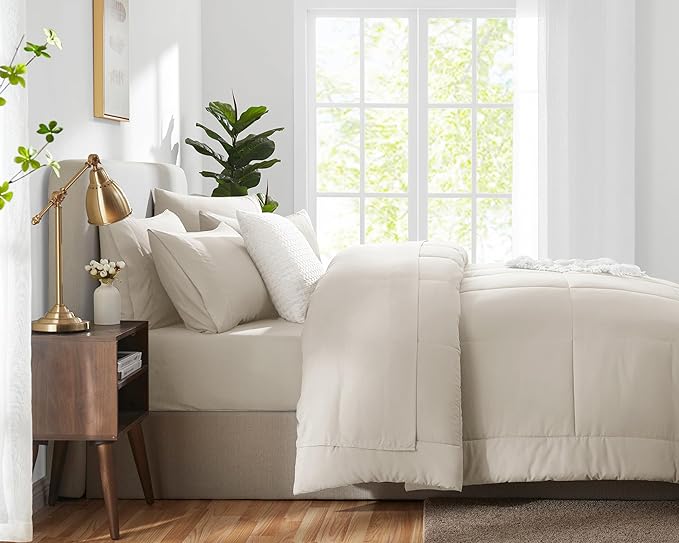 CozyLux King Size Comforter Sets - 7 Pieces Bed in a Bag Set Beige, Bedding Sets King with All Season Quilted Comforter, Flat Sheet, Fitted Sheet, Pillowcases, Beige, King - LeafyLoom