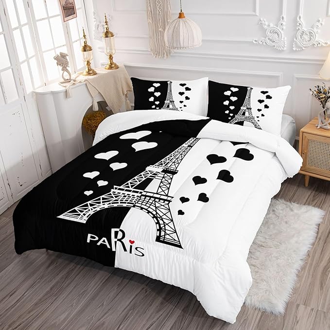 Datura home Kids Comforter Set Eiffel Tower Printed Pattern Bedding Set with 1 Comforter and 2 Pillowcases for Girls Boys Bedroom All Season(Tower1 Twin) - LeafyLoom