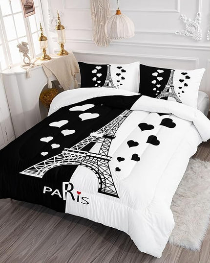 Datura home Kids Comforter Set Eiffel Tower Printed Pattern Bedding Set with 1 Comforter and 2 Pillowcases for Girls Boys Bedroom All Season(Tower1 Queen) - LeafyLoom
