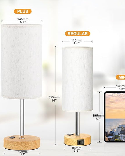 Touch Table Lamp - Cream, 3-Way Dimmable, USB A + C Charging, AC Outlet, 17.4inch Medium, Wood Grain Base - LeafyLoom