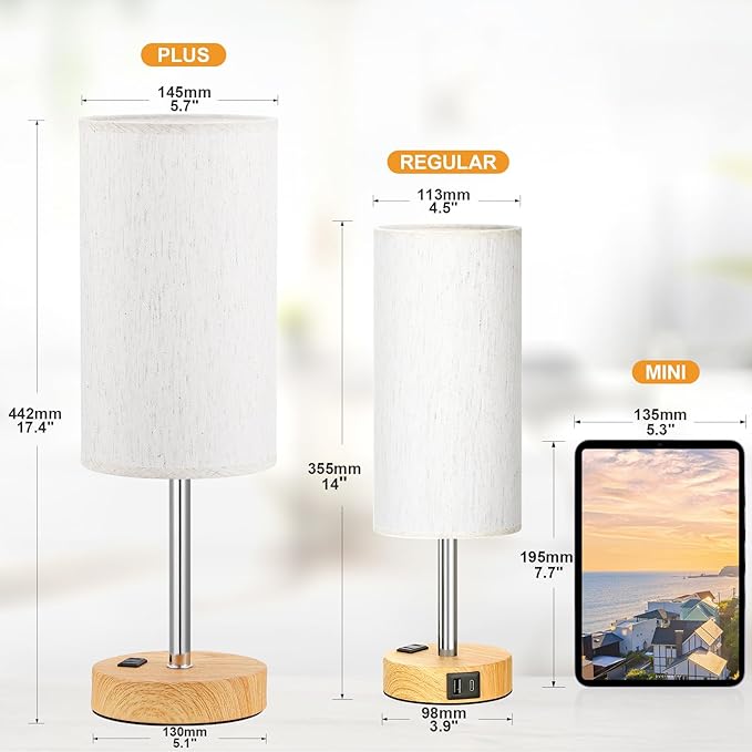 Touch Table Lamp - Cream, 3-Way Dimmable, USB A + C Charging, AC Outlet, 17.4inch Medium, Wood Grain Base - LeafyLoom