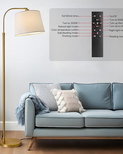 Oneach 62" Gold Floor Lamp for Living Rooms Tall Arc Standing Lamps with remote Bedrooms Industrial Corner Nursery Girls Kid Vintage Mid-Century Modern Reading Light Office(Bulb Included) - LeafyLoom
