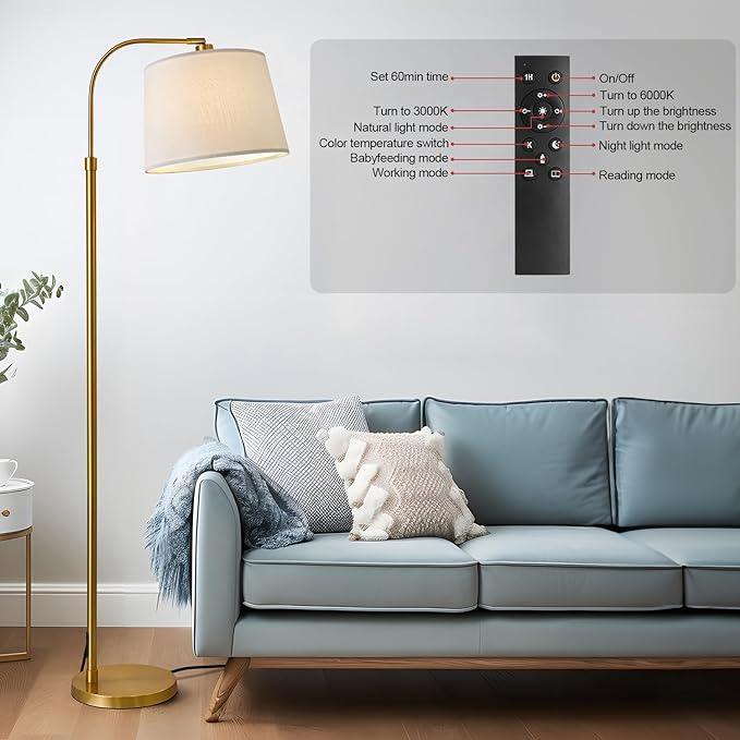 Oneach 62" Gold Floor Lamp for Living Rooms Tall Arc Standing Lamps with remote Bedrooms Industrial Corner Nursery Girls Kid Vintage Mid-Century Modern Reading Light Office(Bulb Included) - LeafyLoom