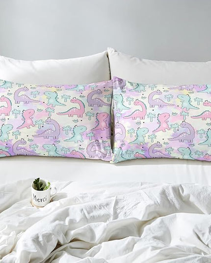 Erosebridal Dinosaur Comforter Set Full Size, Kawaii Dinosaur Bedding Sets for Kids Girls Boys Gift Bedroom Decor, Cartoon Cute Animals Duvet Set,Palm Leaf Down Comforter, Green Purple Pink - LeafyLoom