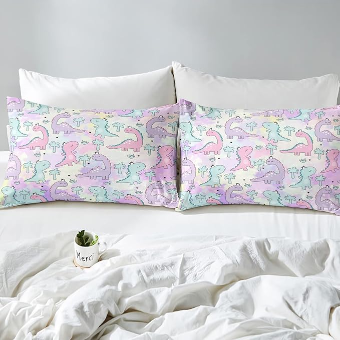 Erosebridal Dinosaur Comforter Set Full Size, Kawaii Dinosaur Bedding Sets for Kids Girls Boys Gift Bedroom Decor, Cartoon Cute Animals Duvet Set,Palm Leaf Down Comforter, Green Purple Pink - LeafyLoom