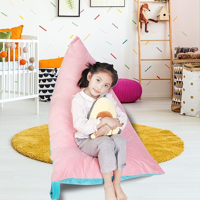 Stuffed Animal Storage Bean Bag Chair Cover, Velvet Pink Lake Blue Plush Toy Storage Stuff and Sit Seat for Kids/Teens/Adults, 52" x 31" Extra Large Triangle Floor Sofa, 200L/52Gal, Cover Only - LeafyLoom