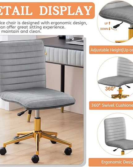Furniliving Home Office Chair, Armless Vanity Chair with Wheels Swivel Velvet Computer Rolling Desk Chair with Back, Adjustable Accent Chair with Gold Metal Base Stool Chair,Gray - LeafyLoom