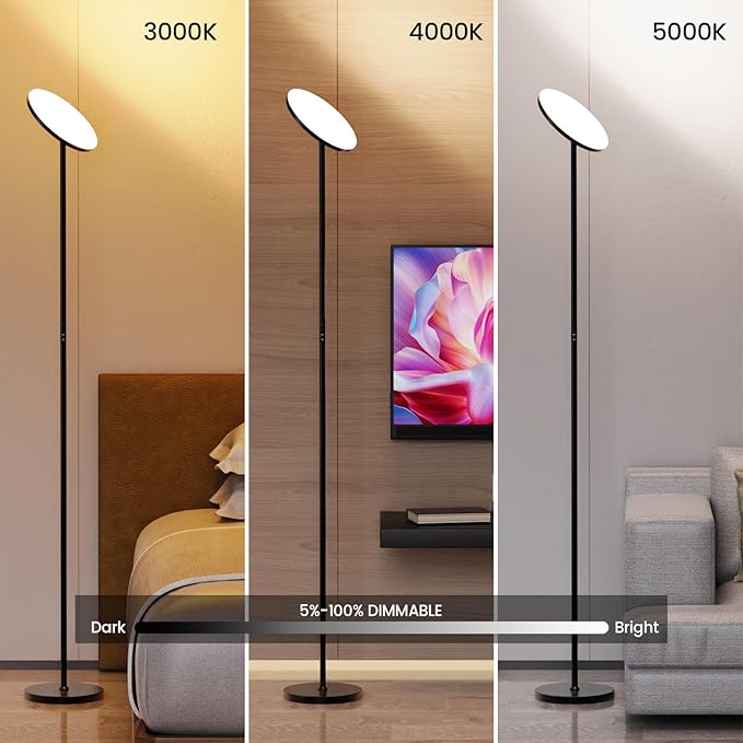 Dimunt Floor Lamp, 30W/2400LM LED Modern Torchiere Sky Lamp, 3000K-5000K Super Bright Dimmable Standing Tall Lamp with 3 Color Temperatures, Remote Button Control, 1 Hour Timer for Living Room Office - LeafyLoom