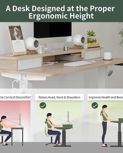 FEZIBO 55 x 24 Inch Height Adjustable Electric Standing Desk with Double Drawer, Stand Up Desk with Storage Shelf, Sit Stand Desk, Maple - LeafyLoom