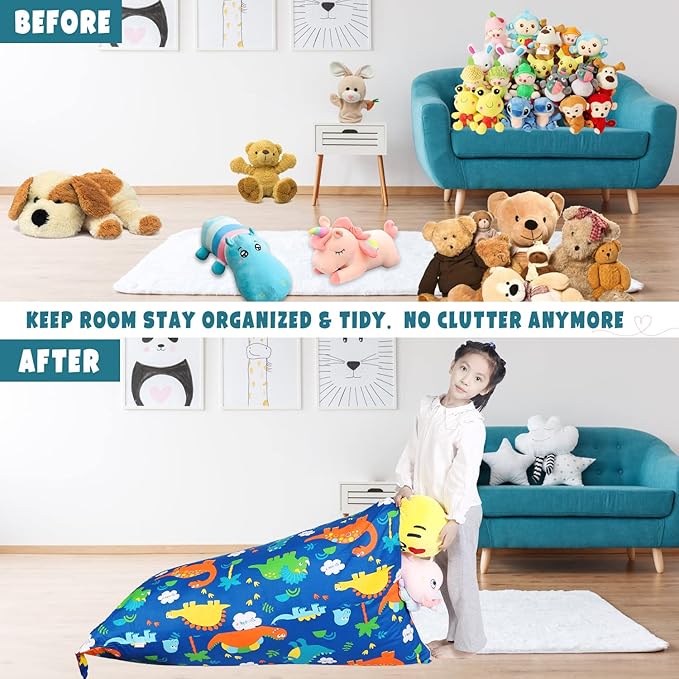Stuffed Animal Storage Bean Bag Chair Cover, Cotton Blue Dinosaur Plush Toy Storage Stuff and Sit Seat for Kids/Teens/Adults, 52" x 31" Extra Large Triangle Floor Sofa, 200L/52Gal, Cover Only - LeafyLoom