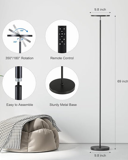 SUNMORY Floor Lamps for Living Room, 32W/3000LM Super Bright LED Floor Lamp with Remote Control, 69" Tall Standing Lamp with Stepless Dimmable, Modern Torchiere Corner Lamp for Bedroom, Office - LeafyLoom