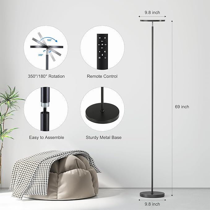 SUNMORY Floor Lamps for Living Room, 32W/3000LM Super Bright LED Floor Lamp with Remote Control, 69" Tall Standing Lamp with Stepless Dimmable, Modern Torchiere Corner Lamp for Bedroom, Office - LeafyLoom