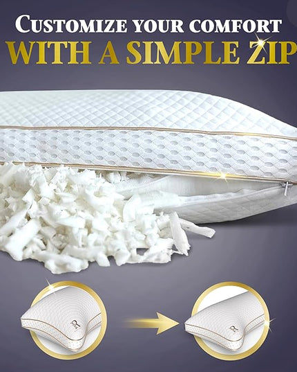 Royal Therapy Queen Memory Foam Pillow, Adjustable Shredded Odor-Free Pillow for Neck & Shoulder Pain Relief, Support for Back, Stomach, Side Sleepers, AirFlowPRO - LeafyLoom