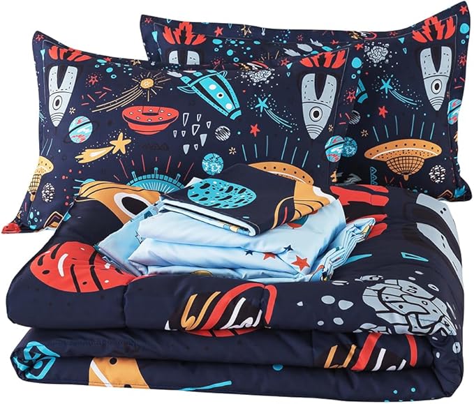 ADASMILE A & S Kids Space Comforter Set 6 Pieces Space Bedding Twin Size for Boys Space Ship Rocket Bedding Galaxy Bed in a Bag Comforter Twin Outer Space Bed Set with Blue Space Sheets Home Decor - LeafyLoom