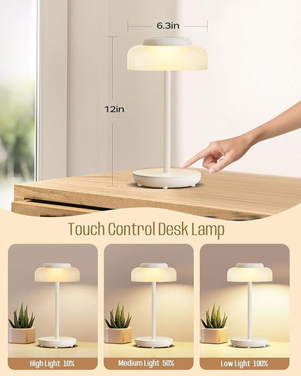 QiMH Battery Operated LED Table Lamp, 2 Pack 5000mAh Cordless Desk Lamp with 3 Level Brightness Touch Control, Mini Rechargeable Night Light for Living Room, Bedroom, Outdoor bar (White) - LeafyLoom