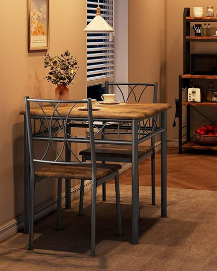 IDEALHOUSE Dining Table Set for 2, Kitchen Table and Chairs, Square Dining Room Table Set with 2 Metal and Wood Chairs, 3 Piece Dining Table Set for Small Spaces, Apartment, Rustic Brown - LeafyLoom