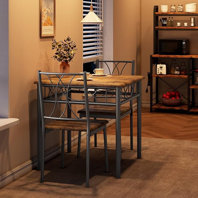 IDEALHOUSE Dining Table Set for 2, Kitchen Table and Chairs, Square Dining Room Table Set with 2 Metal and Wood Chairs, 3 Piece Dining Table Set for Small Spaces, Apartment, Rustic Brown - LeafyLoom