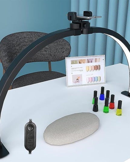 iVict Half Moon Light for Nail Desk, 29In 40W Nails Tech Light with Phone Stand, 10 Adjustable Brightness, 3 Color Temperature Led desk lamp for Nail, Tattoos, Eyebrows, Beauty(Black) - LeafyLoom