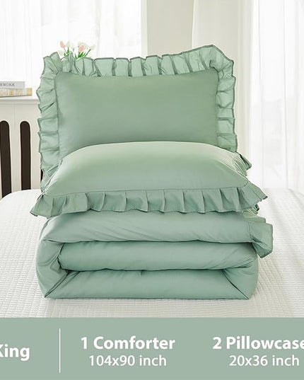 Andency Sage Green Comforter Set King, 3 Pieces Vintage Farmhouse Shabby Chic Ruffle Comforter, Lightweight Soft All Season Microfiber Down Alternative Bedding Comforter Set (104x90Inch, Green) - LeafyLoom