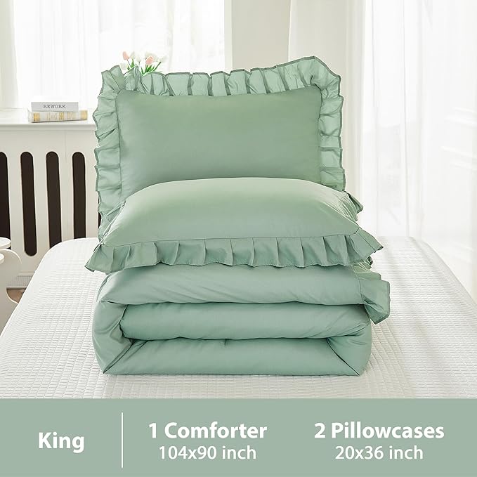 Andency Sage Green Comforter Set King, 3 Pieces Vintage Farmhouse Shabby Chic Ruffle Comforter, Lightweight Soft All Season Microfiber Down Alternative Bedding Comforter Set (104x90Inch, Green) - LeafyLoom