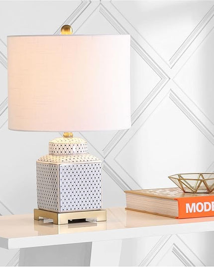 JONATHAN Y JYL3043A Cleo 21.5" Ceramic/Metal Ginger Jar LED Table Lamp Contemporary,Transitional for Bedroom, Living Room, Office, College Dorm, Coffee Table, Bookcase, White/Navy - LeafyLoom