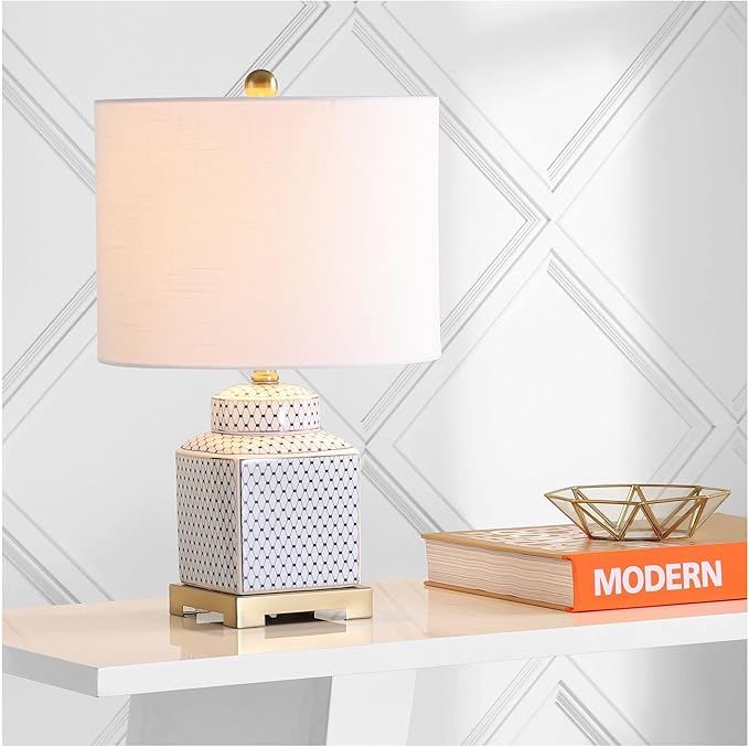 JONATHAN Y JYL3043A Cleo 21.5" Ceramic/Metal Ginger Jar LED Table Lamp Contemporary,Transitional for Bedroom, Living Room, Office, College Dorm, Coffee Table, Bookcase, White/Navy - LeafyLoom