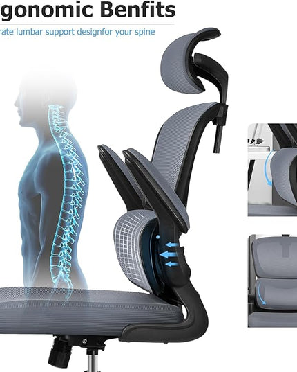 Ergonomic Office Chair, High Back Mesh Desk Chair with Lumbar Support and Adjustable Headrest, Computer Gaming Chair with Flip-up Armrests, Executive Swivel Chair for Home Office (DarkGray) - LeafyLoom