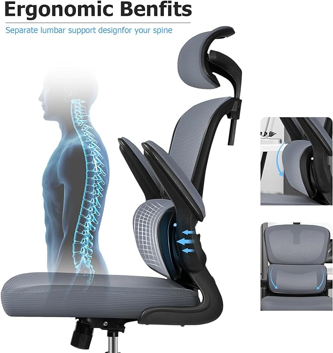 Ergonomic Office Chair, High Back Mesh Desk Chair with Lumbar Support and Adjustable Headrest, Computer Gaming Chair with Flip-up Armrests, Executive Swivel Chair for Home Office (DarkGray) - LeafyLoom
